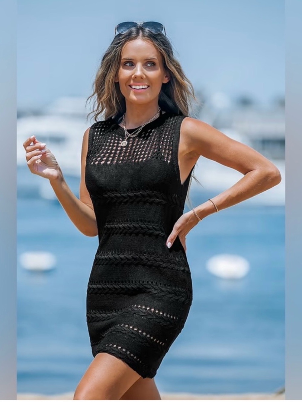 Cupshe Black Sleeveless Crochet Knit Cover-Up Dress